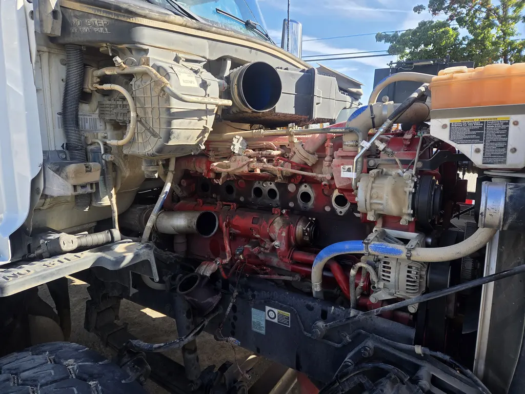 Diesel engine of a semi truck opened up for repair